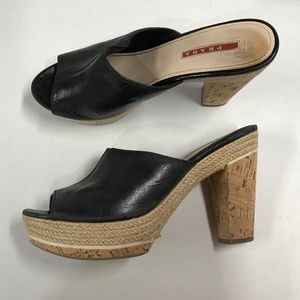 Prada Ladies Size  9. (39)  Black Leather Platform Heels. Preloved